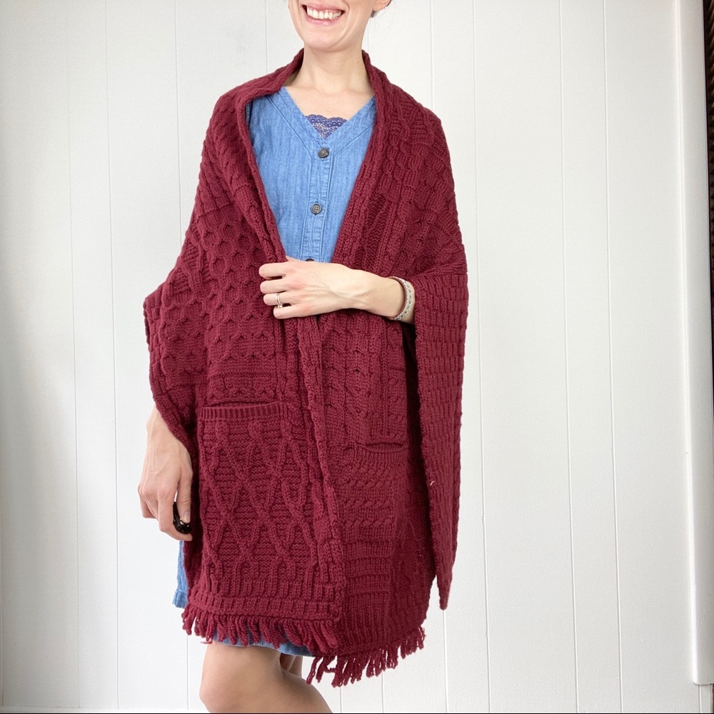 Connemara Knitwear Wool Cape Shawl Wrap Burgundy